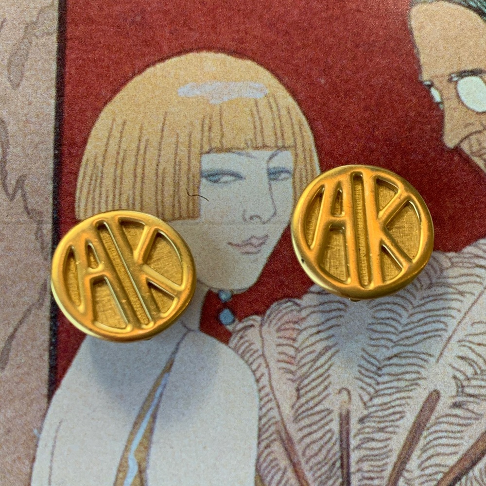ANNE KLEIN Vintage Gold Tone Coin Monogram Clip Earrings